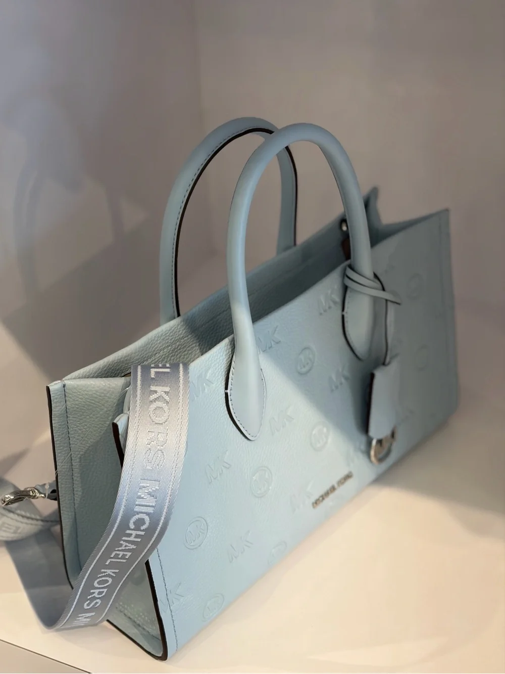 Michael Kors Light Blue Embossed MK Satchel with Detachable Strap